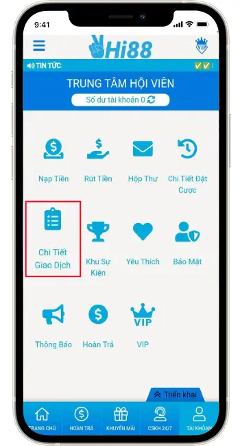Bước 2: Tại phần tài khoản chọn Chi tiết giao dịch